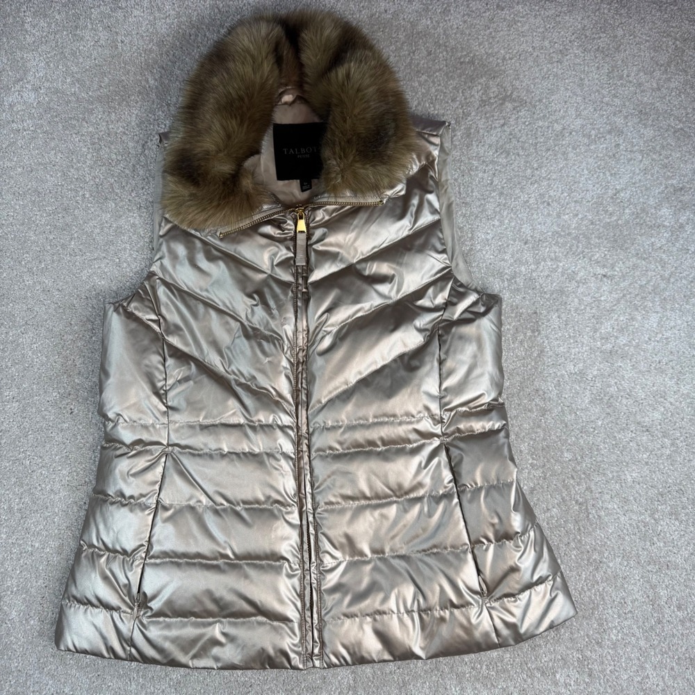 Talbots Petite Metallic Champagne Gold Down Puffer Vest Faux Fur Trim SP